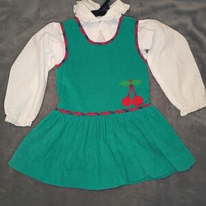Vintage 1990s Girls 5 Green Corduroy Cherry Dress With White Dress Shirt